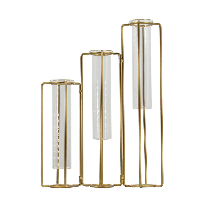 Gold Metal Pedestal Beaker Vase with 3 Glass Tubes