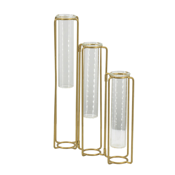 Gold Metal Pedestal Beaker Vase with 3 Glass Tubes