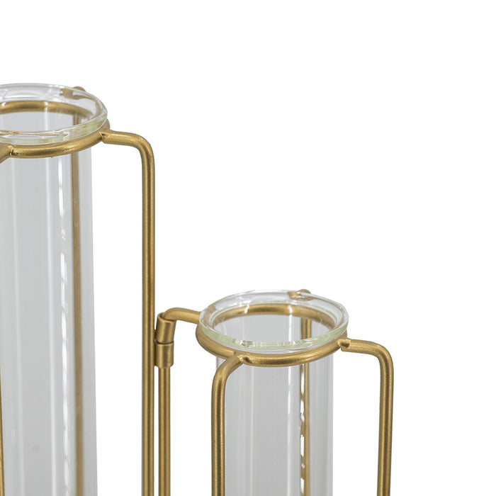 Gold Metal Pedestal Beaker Vase with 3 Glass Tubes