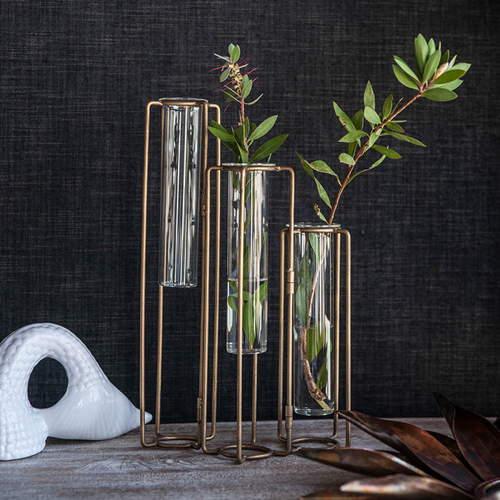 Gold Metal Pedestal Beaker Vase with 3 Glass Tubes