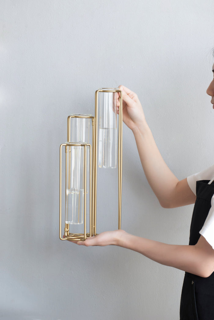 Gold Metal Pedestal Beaker Vase with 3 Glass Tubes