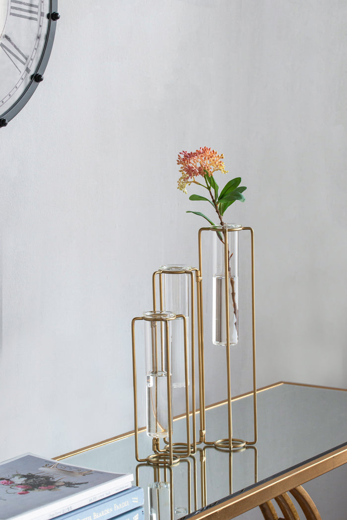 Gold Metal Pedestal Beaker Vase with 3 Glass Tubes