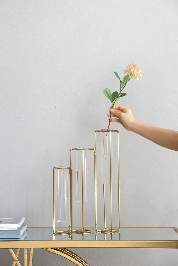 Gold Metal Pedestal Beaker Vase with 3 Glass Tubes