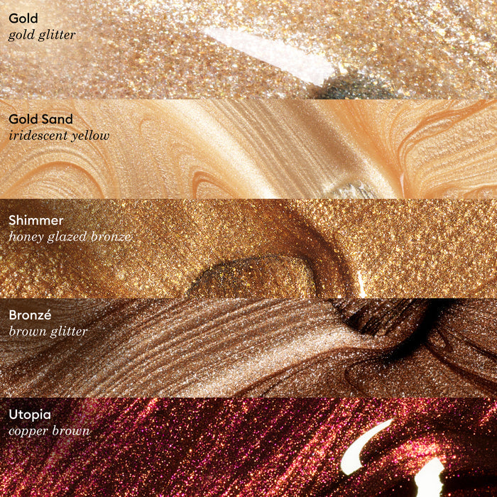 Five horizontal swatches of shimmery makeup textures are labeled: Manucurist Gold (gold glitter gel polish), Gold Sand (iridescent yellow), Shimmer (honey glazed bronze), Bronzé (brown glitter), and Utopia (copper brown).