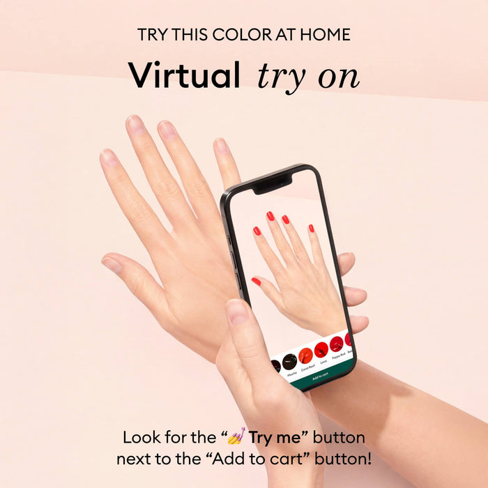 A person uses a mobile app to virtually try on Manucurist's Gold polish, previewing sparkling nails at home.