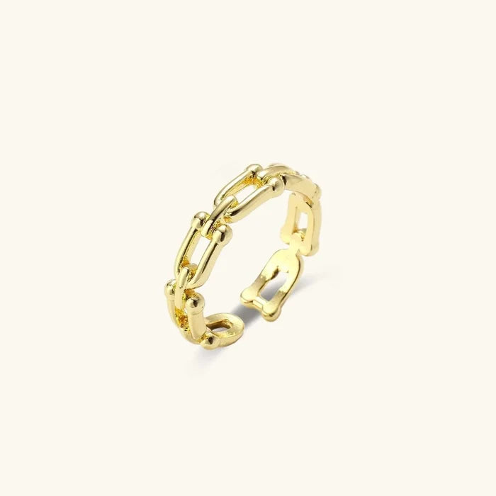 Golden Hour CZ Halo & Chain Ring Set with a shiny gold-tone open chain-link band and adjustable ends.