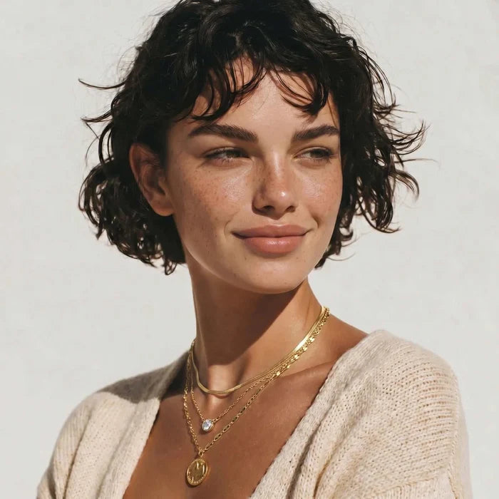 Layered necklace in gold-tone metal with fine chains, a small round clear crystal, and a round medallion pendant; Golden Hour Layers