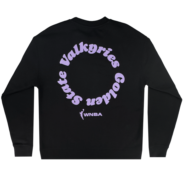 The GSV Golden State Valkyries Circle Lock Up Crew is a premium black heavyweight fleece sweatshirt with lavender "Golden State Valkyries" text and WNBA logo on the back, shown flat on a white background.