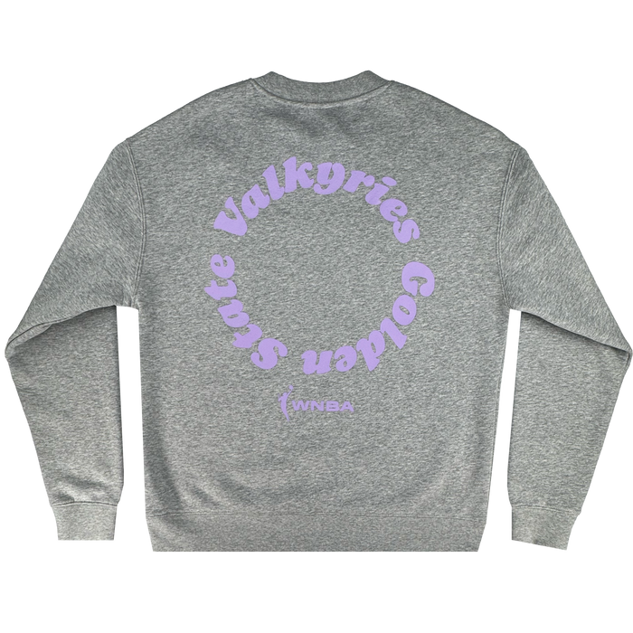The GSV Golden State Valkyries Circle Lock Up Crew is a premium heather gray heavyweight fleece sweatshirt, featuring bold lavender circular "Golden State Valkyries" text and a small WNBA logo on the back.