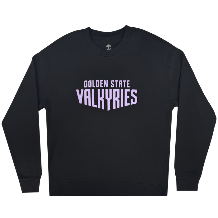 The GSV Golden State Valkyries Circle Lock Up Crew is a premium heavyweight fleece in light gray, featuring "GOLDEN STATE VALKYRIES" in bold light purple letters centered across the chest.