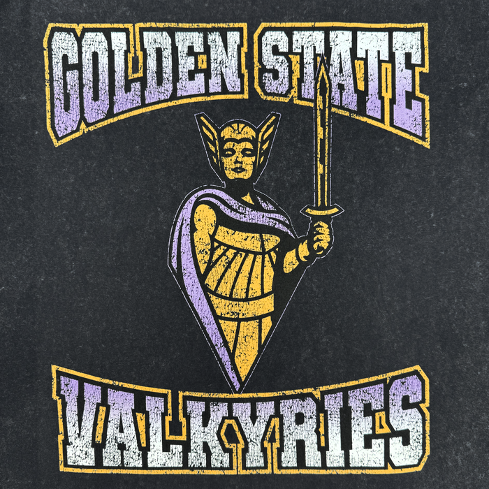 The GSV Golden State Valkyries Guardian Stone Wash Heavy Tee features a stylized female Valkyrie in armor with “GOLDEN STATE” above and “VALKYRIES” below, printed on 100% cotton with a textured black background.
