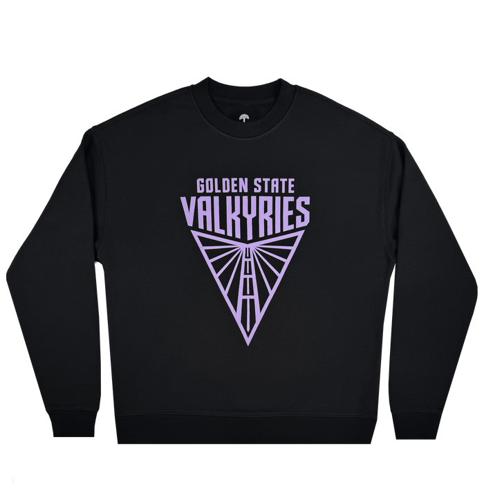 The Golden State Valkyries Primary Crewneck by GSV is a premium heavyweight fleece sweatshirt featuring "GOLDEN STATE VALKYRIES" text above a purple geometric triangle logo with intersecting lines.