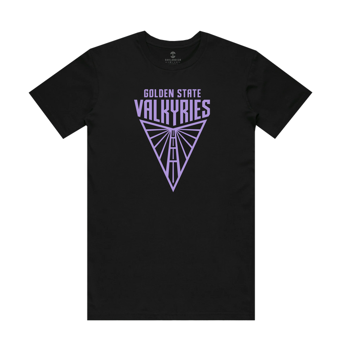The Golden State Valkyries Primary Tee by GSV is crafted from 100% cotton in black and features a symmetrical geometric triangle design. The bold, uppercase purple "Golden State Valkyries" lettering adds a modern and sporty touch. Experience the comfortable classic fit while showing support for your team.