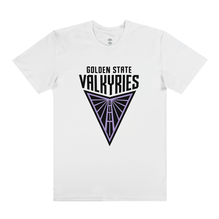 The Golden State Valkyries Primary Tee by GSV is a classic fit white t-shirt featuring "Golden State Valkyries" in bold black above a stylized purple triangle with a geometric vertical line pattern. Made of 100% cotton, it includes short sleeves and a round neckline for a modern, edgy look.