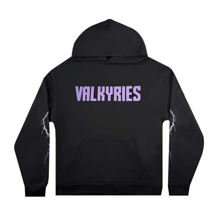 The GSV Golden State Valkyries Violet Lightning Hoodie is a black mid-weight fleece pullover with "VALKYRIES" in bold light purple letters on the back, white lightning bolt graphics on the sleeves, a front pocket, and hood. Officially licensed.