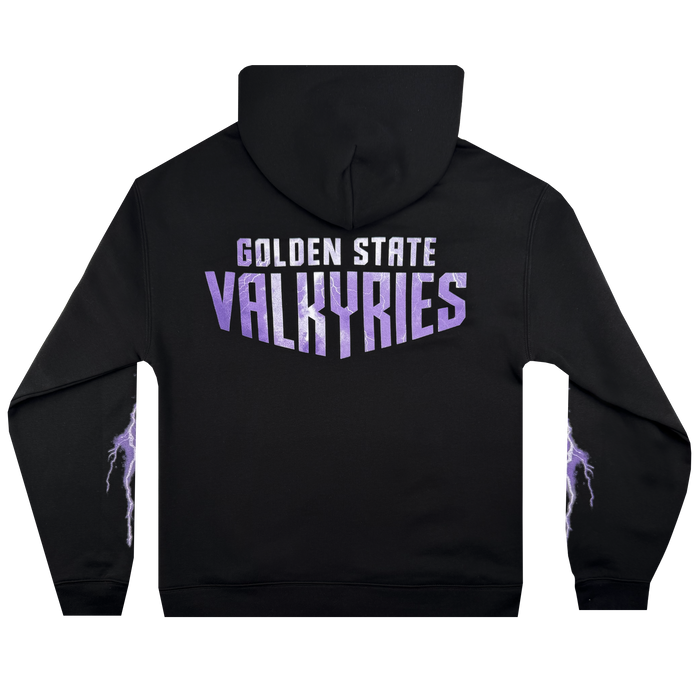 The GSV Golden State Valkyries Violet Lightning Hoodie is a black, mid-weight fleece pullover with bold white and purple "GOLDEN STATE VALKYRIES" text on the back and purple lightning bolts down each sleeve. Officially licensed.