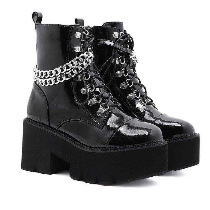 Gothic Patent Leather Wrap Around Chains Platform Boots