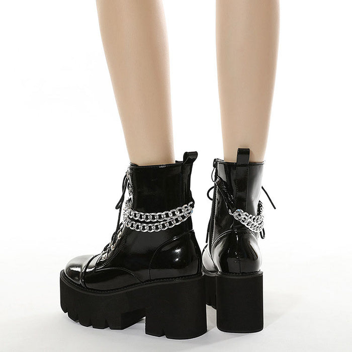 Gothic Patent Leather Wrap Around Chains Platform Boots
