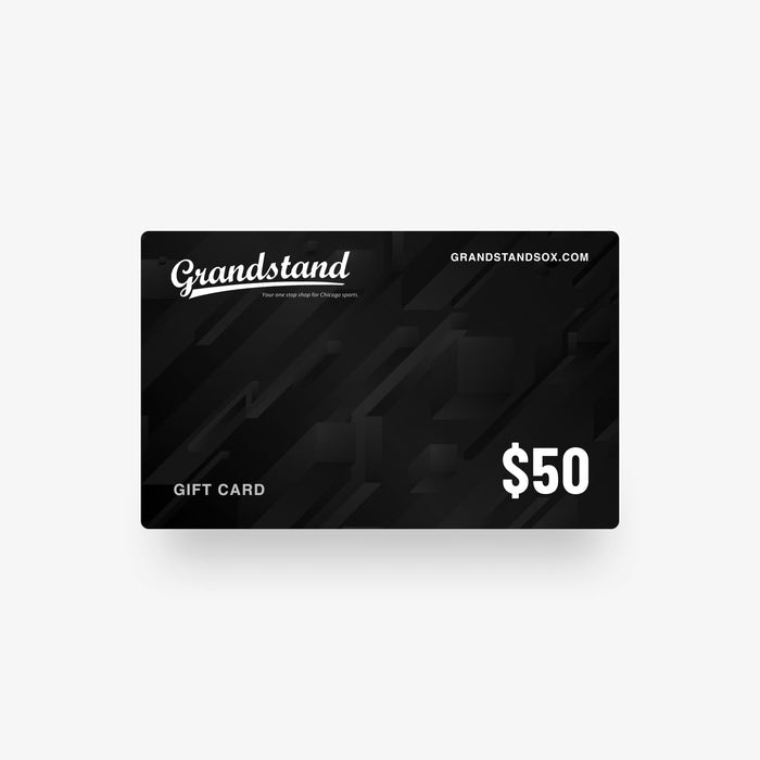 Black gift card with 'Grandstand' branding and $50 value on a white background