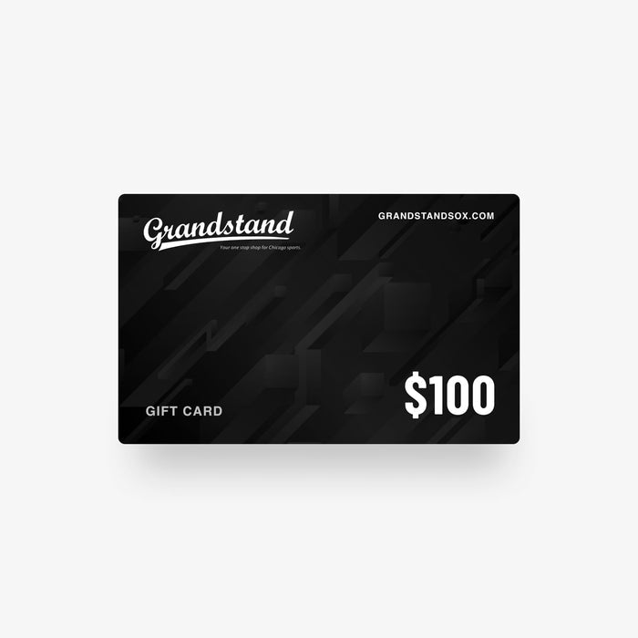 Black gift card with 'Grandstand' branding and $100 value on a white background