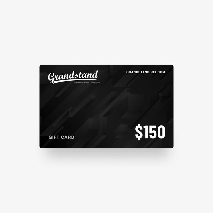 Black gift card with 'Grandstand' branding and $100 value on a white background
