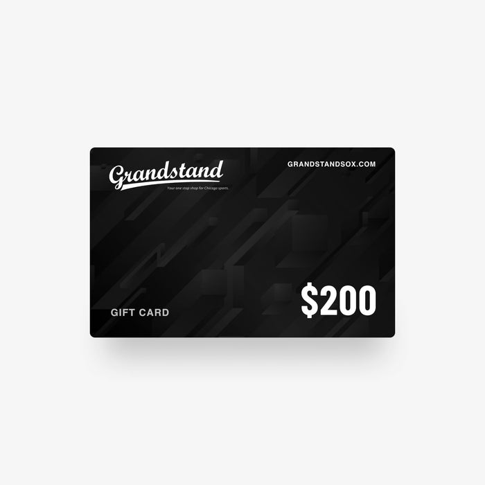 Black gift card with 'Grandstand' branding and $200 value on a white background
