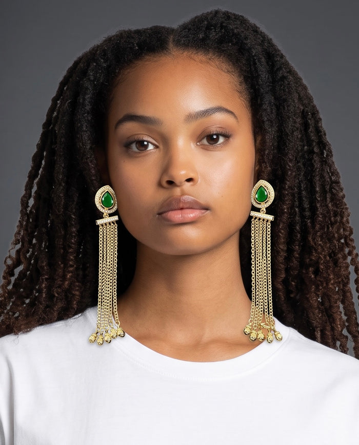 Green - Medium - Antique Gold Finish Traditional Earrings - Bollywood - Weddings - 15ER679 07P26