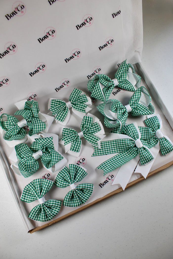 Green Gingham School Bow Bundle M/L - Clip - 10 Bows