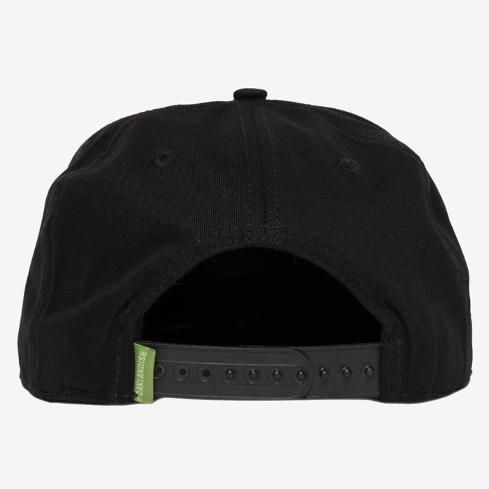 The Greenback Snapback by Oaklandish is shown from the back, showcasing a plastic snapback closure with multiple adjustment holes. The black cotton fabric features a small green Oaklandish tag on the left side of the closure. The cap's top button and two ventilation eyelets are visible as well.