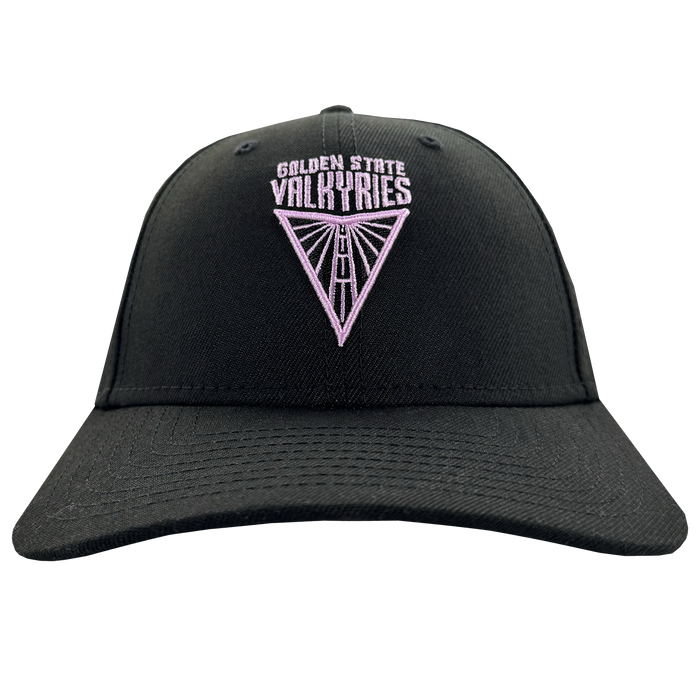The GSV Logo 9FORTY Snapback by GSV is a black baseball cap with a curved brim, featuring "GOLDEN STATE VALKYRIES" and a purple geometric triangular logo embroidered on the front. The background is plain white.