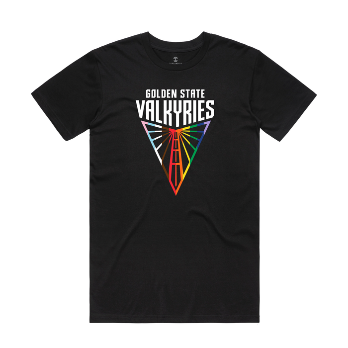The GSV Logo Love Tee by GSV is a classic fit, 100% cotton shirt featuring “GOLDEN STATE VALKYRIES” above a red and orange triangular bridge with radiant rainbow lines, inspired by the Golden Gate Bridge.