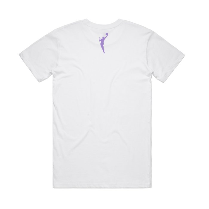 The GSV Logo Love Tee by GSV is a classic fit, plain white t-shirt made from 100% cotton. Seen from the back, it features a small light purple silhouette of a person jumping below the collar; the rest of the shirt is blank.