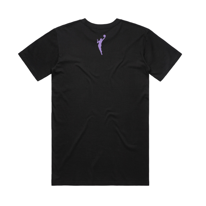 The GSV Logo Love Tee by GSV is a classic fit black tee crafted from 100% cotton, featuring a small light purple silhouette of a person with a basketball on the back, inspired by the Golden State Valkyries.