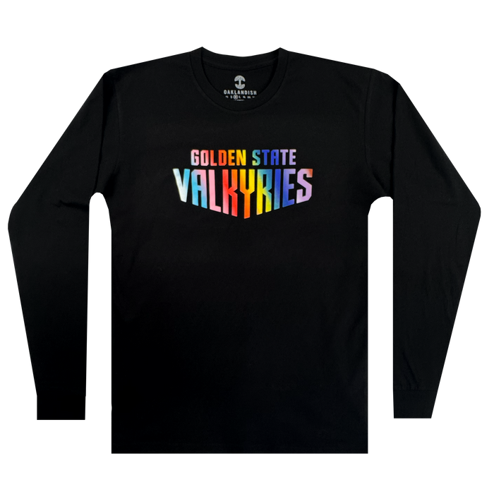 The GSV Love LS Tee by GSV is a 100% cotton long sleeve shirt with "GOLDEN STATE" in yellow and blue and "VALKYRIES" in a rainbow gradient, boldly centered across the chest.