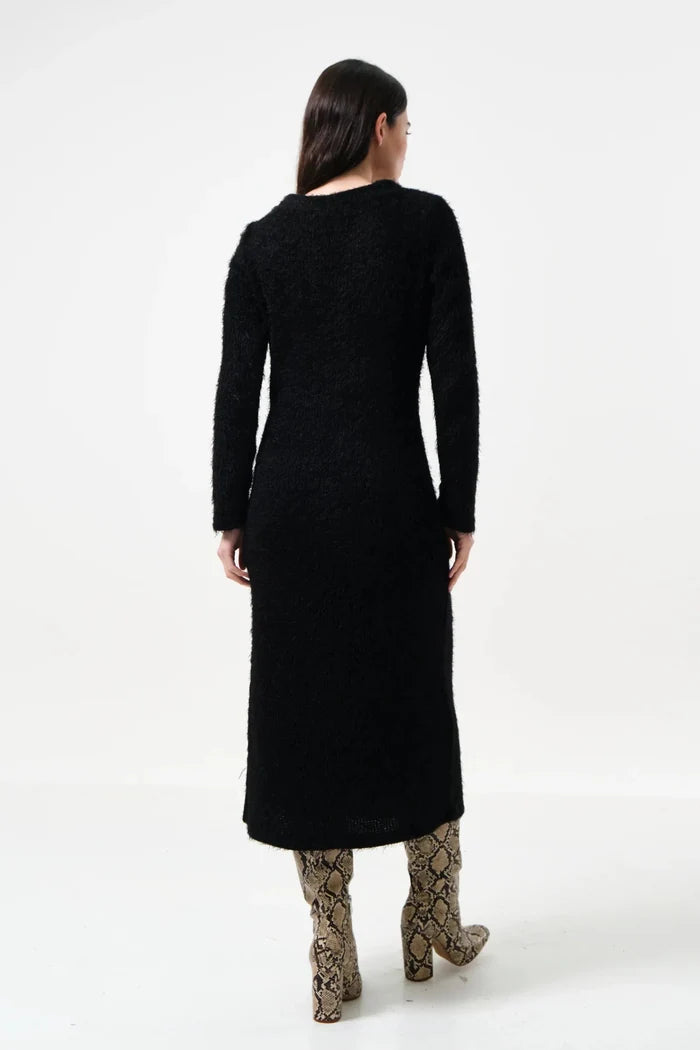 Guila Eyelash Rib Long Sleeve Midi Dress – Black - Bascora