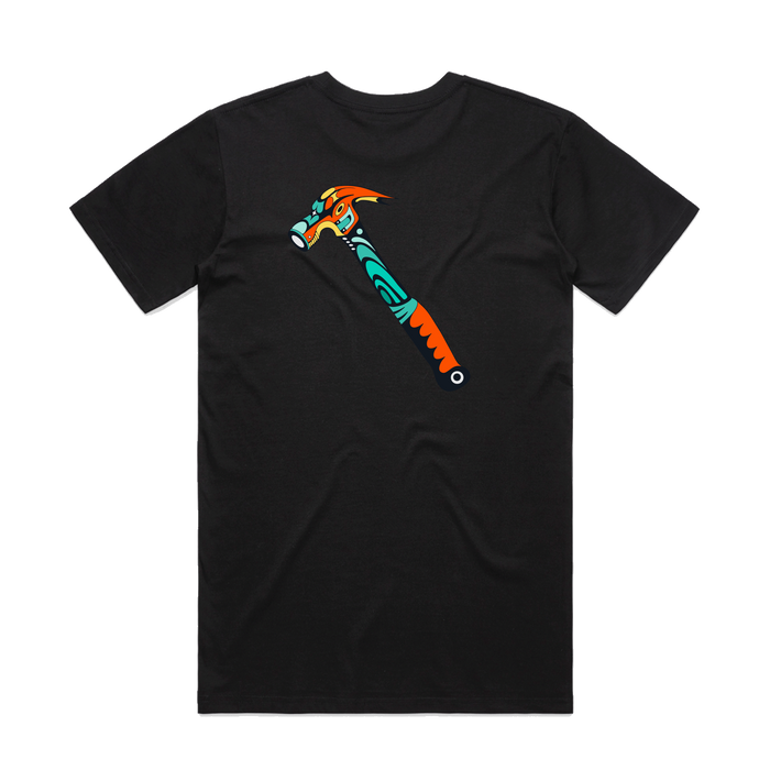 The Hammer into Time Tee by Other is a classic fit black cotton t-shirt, shown laid flat against a plain white background. Its standout feature is a vibrant graphic of a stylized hammer—adorned with orange, teal, and white patterns—centered on the back, making this tee as comfortable as it is uniquely eye-catching.
