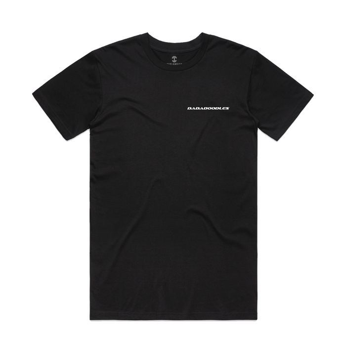 The Hammer into Time Tee by Other is a plain black short-sleeve shirt featuring a small white “DJADJOODLES” logo on the left chest. Inspired by Oaklandish, this classic fit cotton tee is displayed flat on a white background with no visible patterns or extra designs, offering both comfort and timeless style.