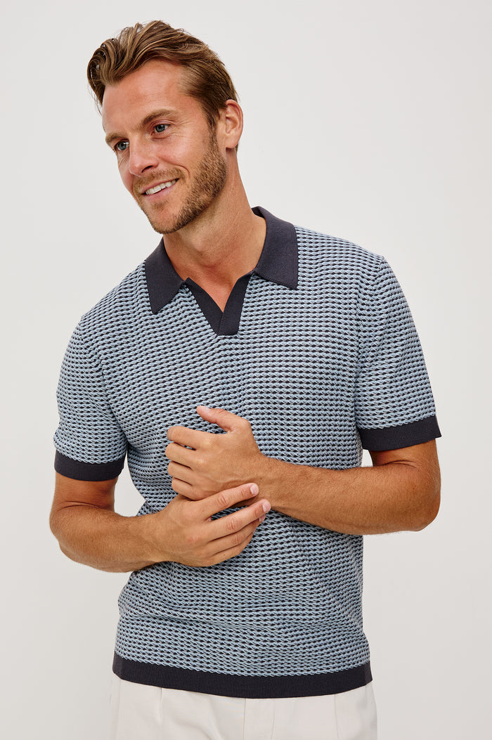 Hayden Polo Shirt in Lightweight Cotton With Split V-Neck Collar, Short Sleeves, and Classic Fit in Blue Lagoon Ripple Colorway - Upper Body Front View Featured on Model