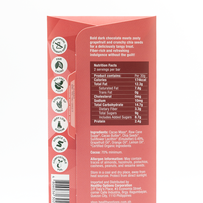 Healthy Options Organic Chia Grapefruit Chocolate Bar - 70% Dark 60g