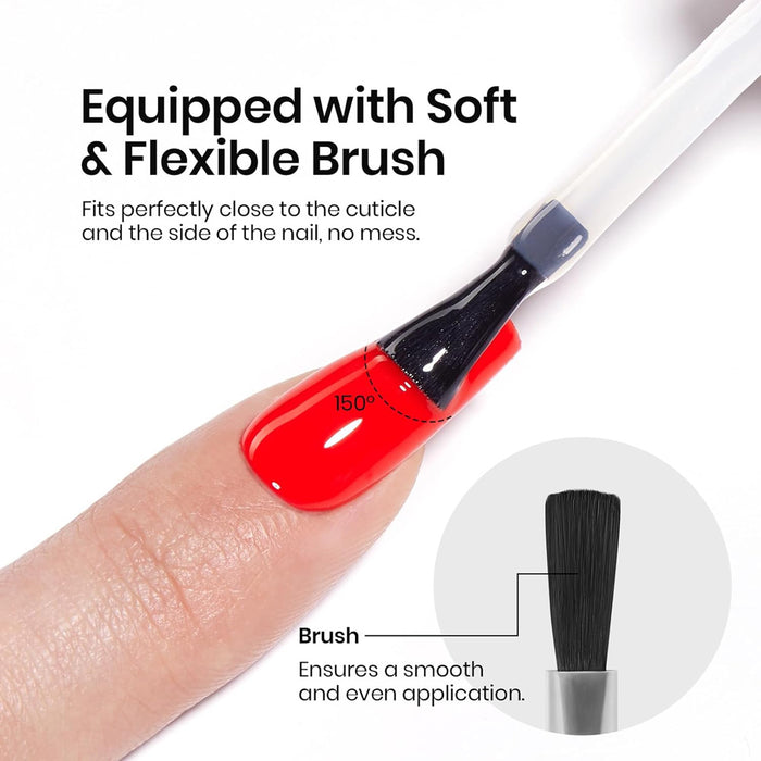 Soft flexible brush top coat fits perfectly close to cuticle nail sides no mess smooth even application