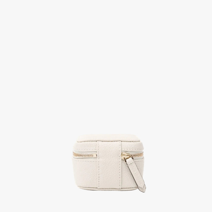 Back of STOW London's Hester Jewellery Case in Spring Moon pebbled leather on a light grey background featuring a YKK Natulon zip
