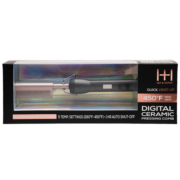 ANNIE digital ceramic pressing comb in rose gold and black with LCD display and retail packaging