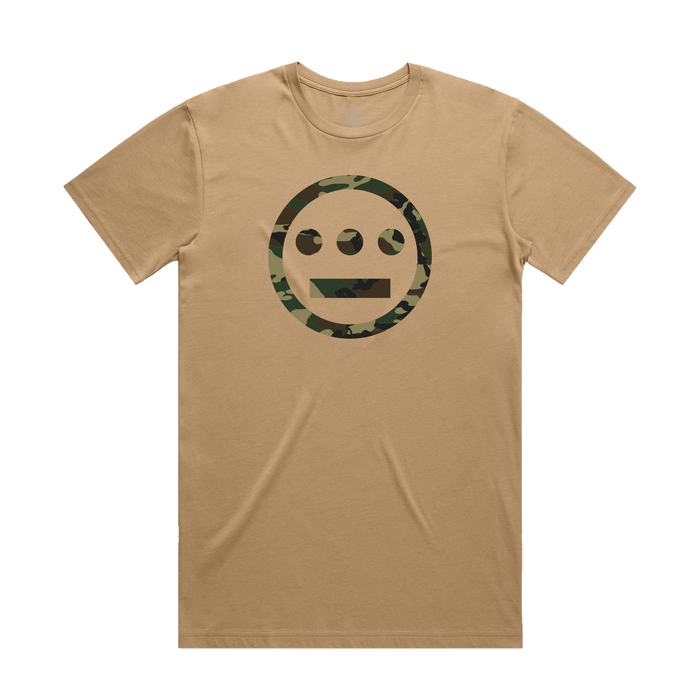 The Hiero Classic Camo Logo Tee by Other is a tan hip-hop t-shirt with a large, iconic face-in-circle Hieroglyphics logo in green and brown camo on the chest.