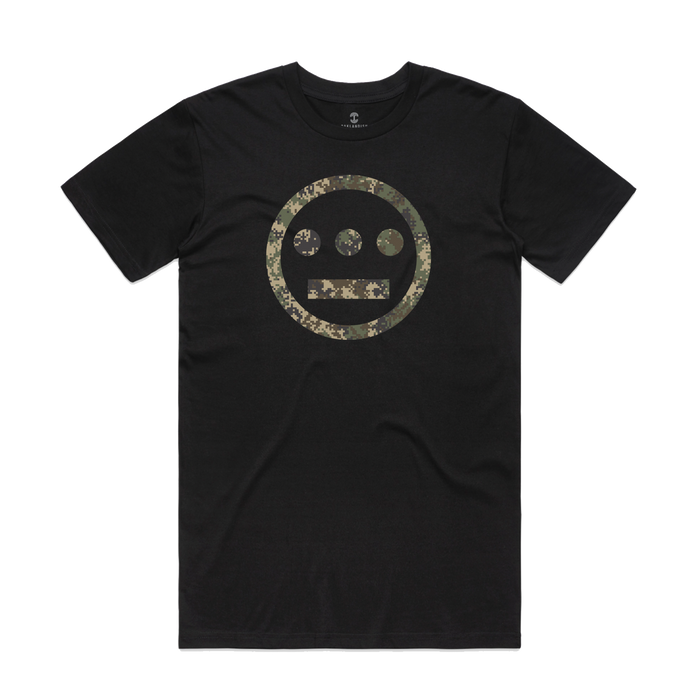 The Hiero Classic Camo Logo Tee by Other is a black short-sleeve hip-hop t-shirt with a large camouflage Hieroglyphics logo—featuring a minimalist three-eyed face—displayed on a white background in classic fit.