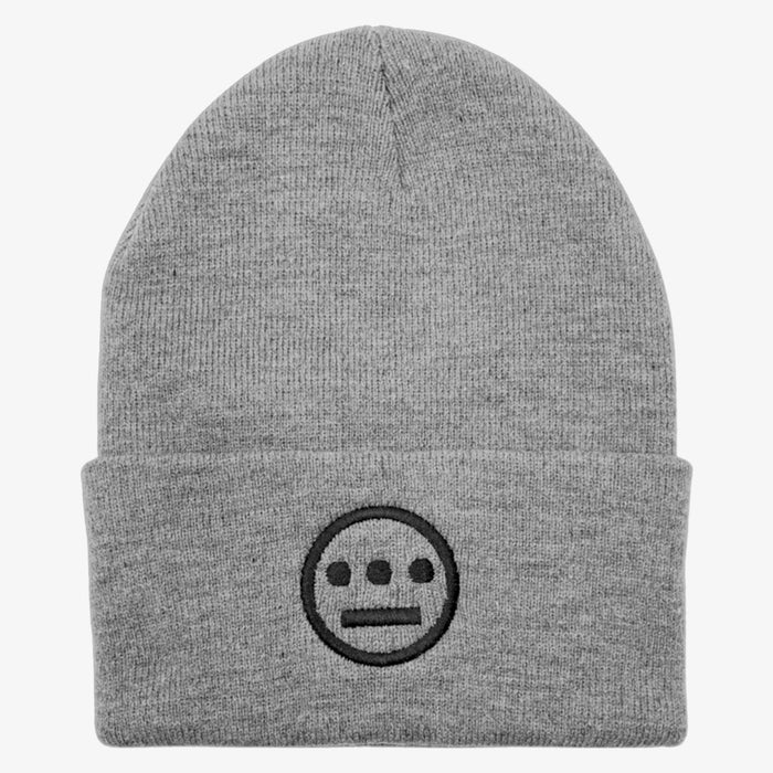The Hiero Classic Cuff Beanie by Hieroglyphics is a gray beanie with a folded brim, featuring an embroidered black circular logo. The logo showcases three horizontally aligned dots above two vertical dashes, forming a hieroglyphics-inspired face design on a white background.