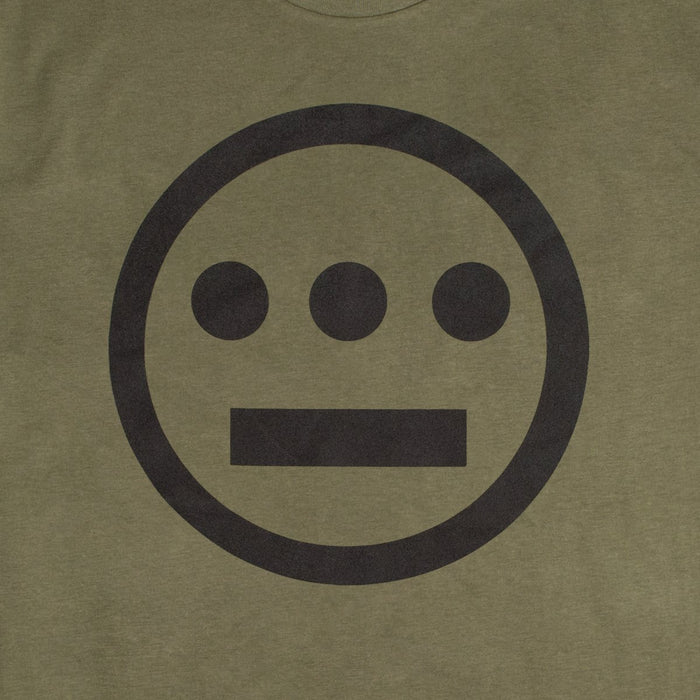 The Hieroglyphics brand's Hiero Classic Logo Tee is an olive green, 100% cotton t-shirt that features a minimalist design centered on the front. The large, black circular emblem contains three black dots aligned horizontally at the top and a horizontal black line below them, resembling hieroglyphics. This classic fit tee offers both style and comfort.