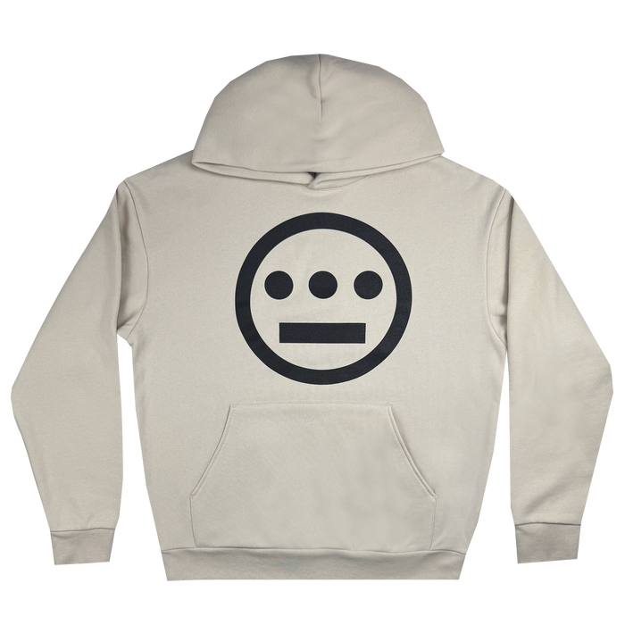 The Hiero Heavy Hoodie by Hieroglyphics is a beige pullover with a relaxed fit, showcasing a large black logo on the back. The logo includes three horizontal dots above a rectangular line enclosed in a circle. Made from heavyweight fleece, this stylish sweatshirt also features a front pocket and is displayed against a white background.