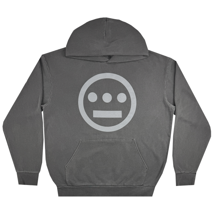 Introducing the Hiero Heavy Hoodie by Hieroglyphics: a gray pullover hoodie made from heavyweight fleece. It features a large circular logo on the front, showcasing three horizontal dots above a single line, reminiscent of ancient hieroglyphs. This cozy hoodie also includes a front pocket and an attached hood for added comfort.