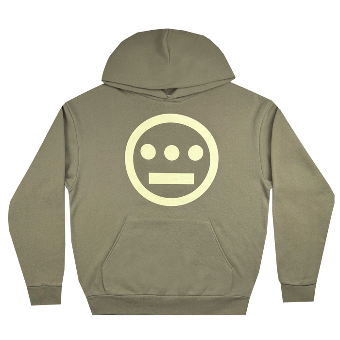 Introducing the Hiero Heavy Hoodie by Hieroglyphics, an olive green pullover crafted from premium heavyweight fleece. It boasts a striking off-white circular design on the front, featuring three dots above a straight line that evokes hieroglyphic symbols. The hoodie is completed with a convenient front pocket and an attached hood for extra comfort.