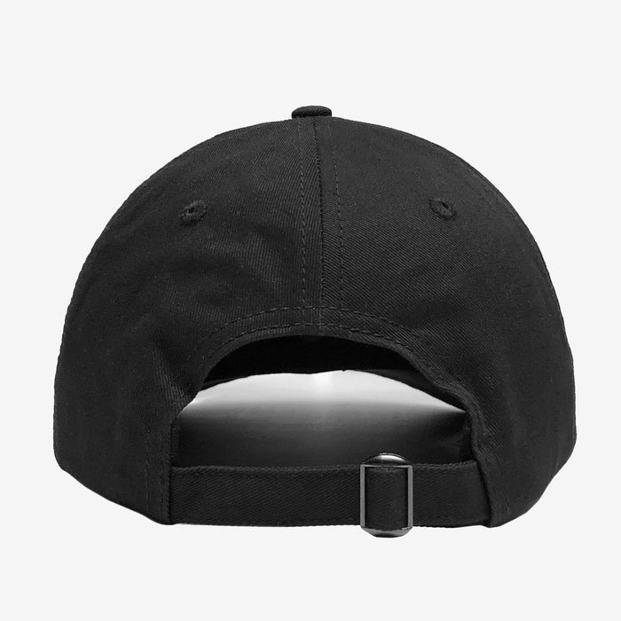 A black Hiero Logo Dad Hat from Hieroglyphics is shown from the back. The cap features an adjustable strap with a metal buckle at the bottom, allowing for resizing. The stitching on the headwear is visible, creating a central seam that runs vertically down the middle. The background is a plain light gray.